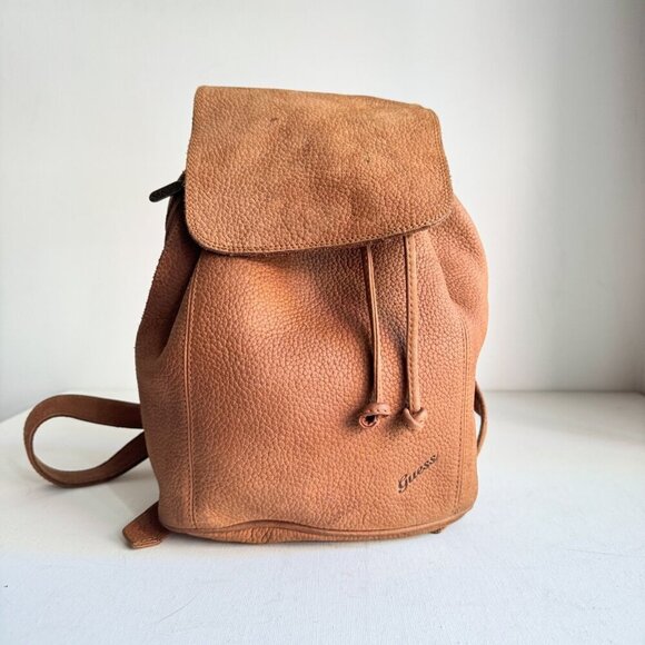 Vintage Y2K Guess Brown Pebbled Leather Medium Backpack - Picture 1 of 9